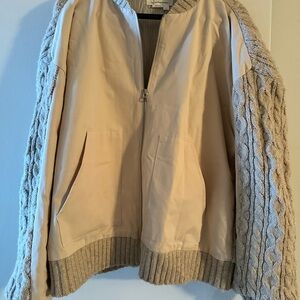 Anthropologie Neutral Beige Zip Front Bomber Jacket with Cable Knit Sleeves
